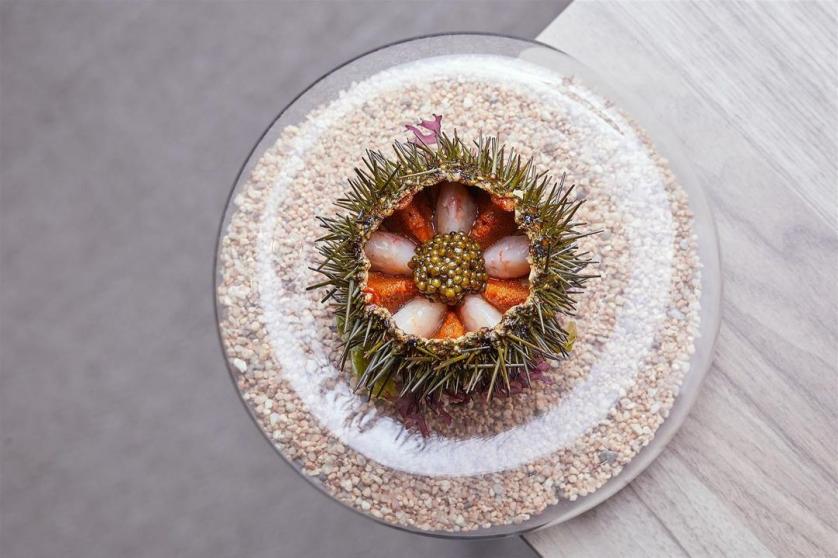 El plato de erizo de mar con gamba y caviar.