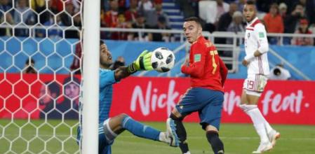 Iago Aspas marca de espuela el empate ante Marruecos en el Mundial de Rusia.