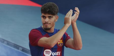 Abde, durante la presentación de la plantilla del Barça en el Gamper