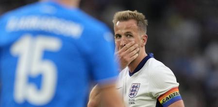 England's Harry Kane reacts during the International friendly soccer match between England and Iceland at Wembley stadium in London, Friday, June 7, 2024.(AP Photo/Kin Cheung)