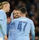 Manchester City's Bernardo Silva, centre, celebrates with his teammates after scoring his side's second goal during the FA Cup quarterfinal soccer match between Manchester City and Newcastle at the Etihad Stadium in Manchester, England, Saturday, March 16, 2024. (AP Photo/Dave Thompson, Pool)