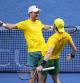 Australia's Matthew Ebden, left, and Jordan Thompson celebrate their victory against Tommy Paul and Ben Shelton of the United States, during their doubles tennis quarterfinal Davis Cup match at the Martin Carpena Sports Hall, in Malaga, southern Spain, on Thursday, Nov. 21, 2024. (AP Photo/Manu Fernandez)