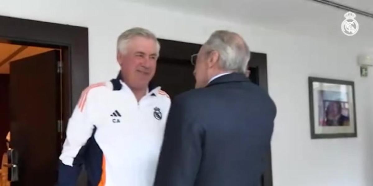 El saludo de Florentino Pérez a los jugadores y Ancelotti