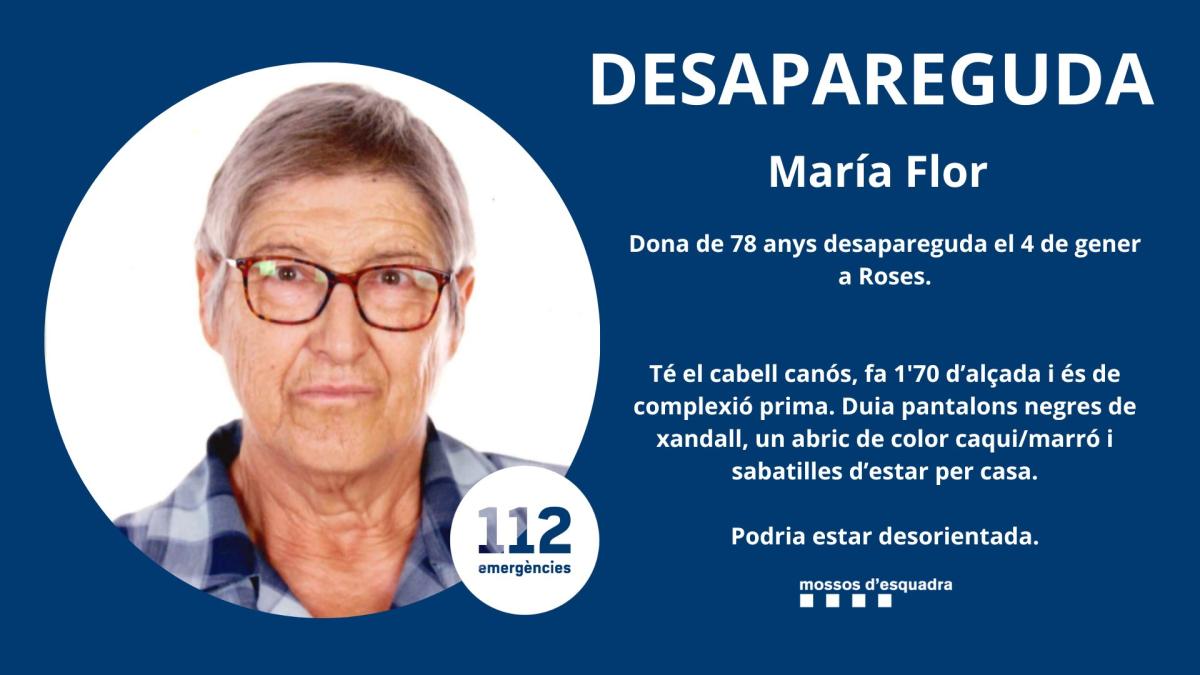 Comunicado oficial de Mossos: encuentran sin vida a María Flor, la mujer de 78 años desaparecida en Roses (Girona) el 4 de enero